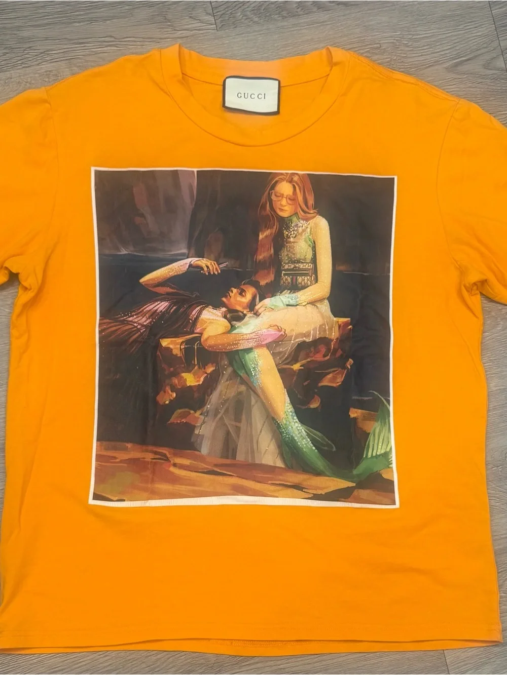 Gucci Orange Short-Sleeve Tee with Mermaid Print